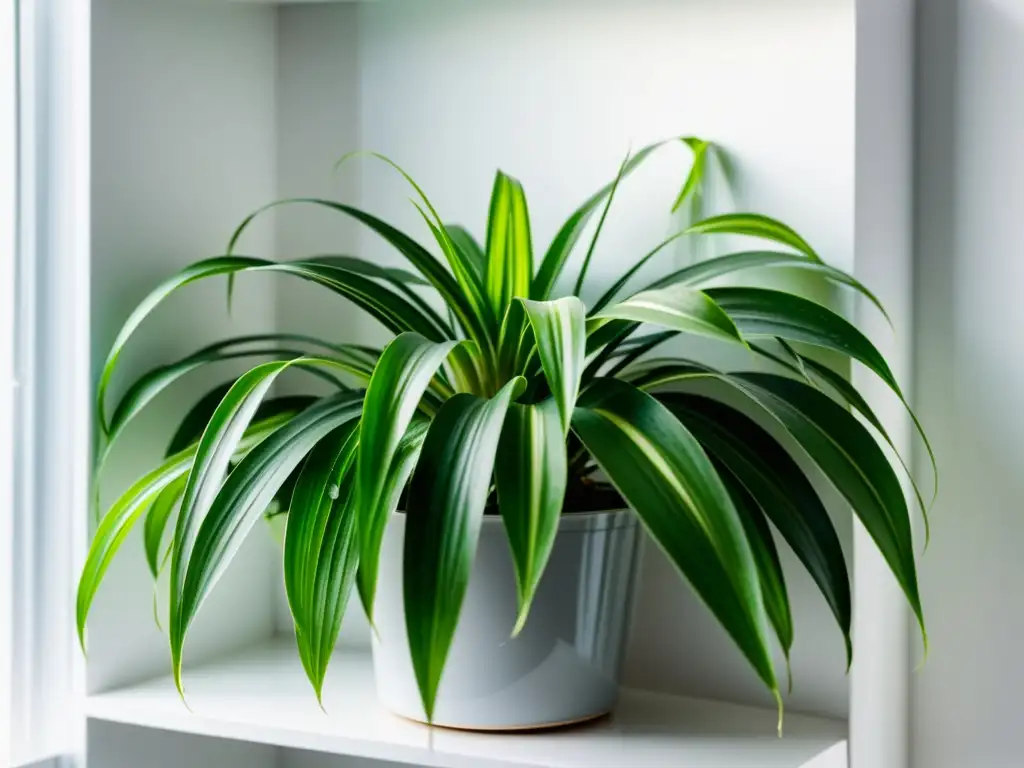 Planta araña verde exuberante en estante blanco, destacando la calidad del agua para plantas de interior con gotas brillantes al sol