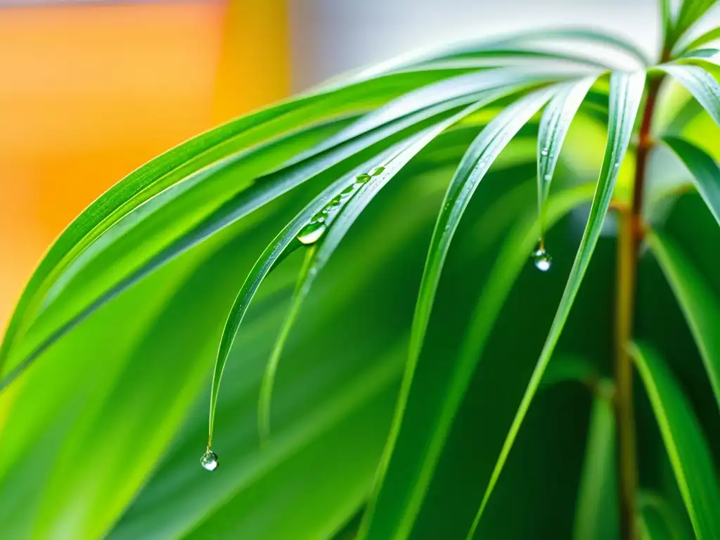 Una planta araña verde exuberante con gotas de agua en los bordes de las hojas, iluminada por la cálida luz del sol