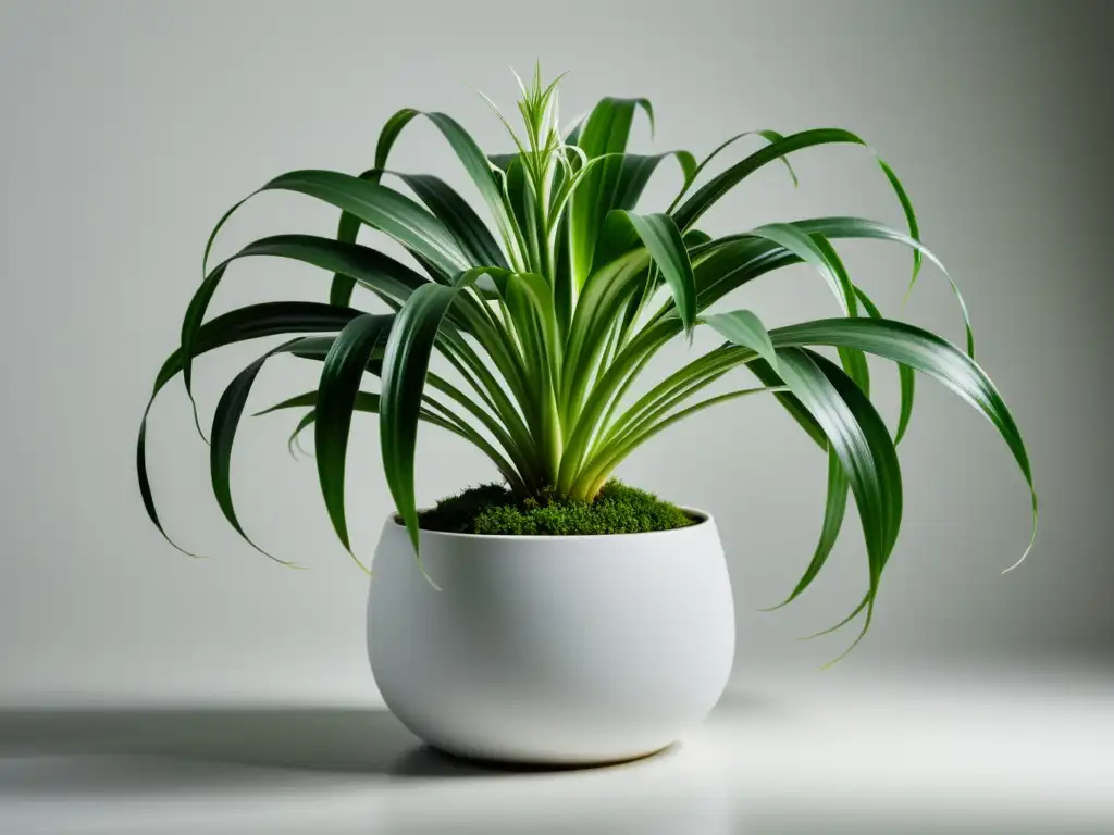 Planta araña verde exuberante en maceta blanca minimalista, brindando serenidad