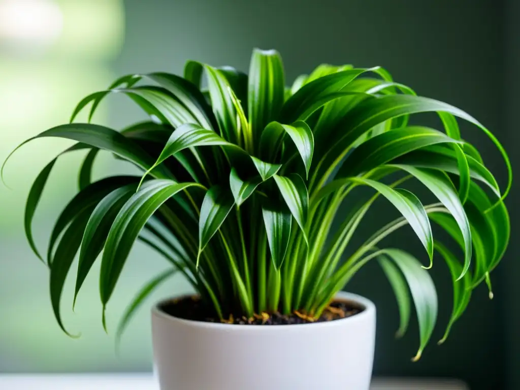 Una planta de araña verde exuberante en una maceta blanca, iluminada por el suave sol