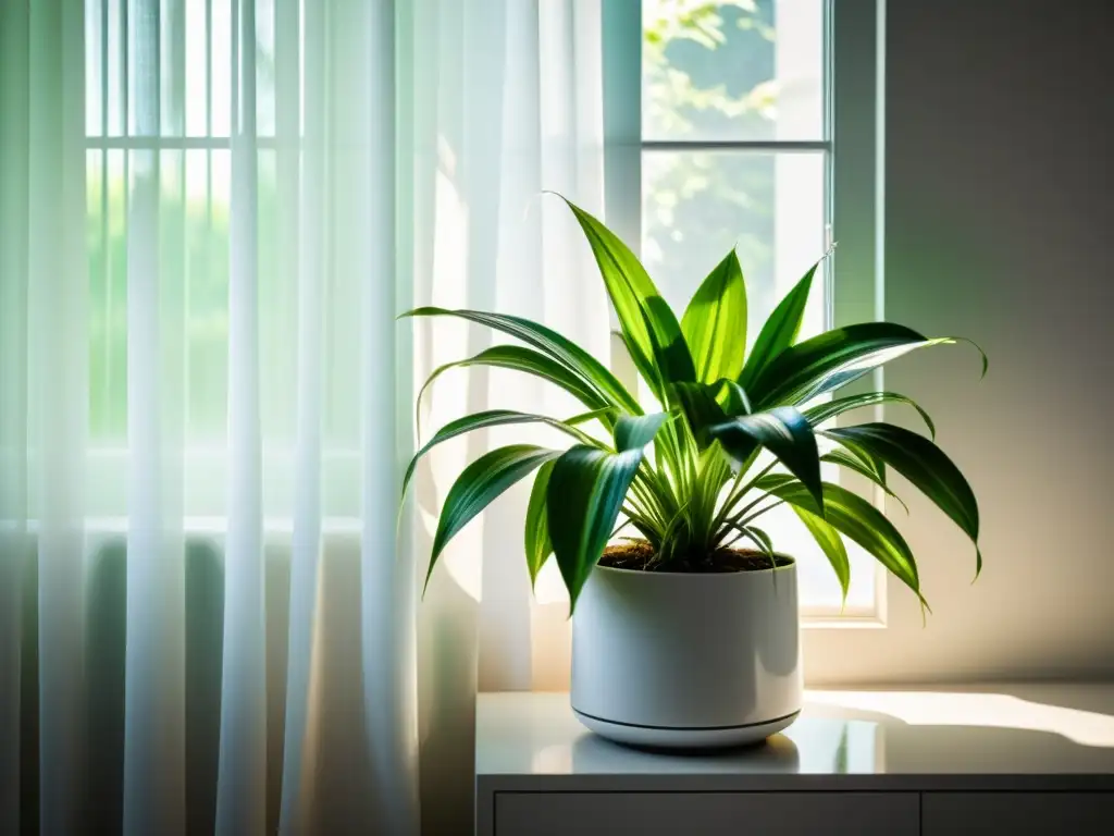 Planta araña verde exuberante en maceta blanca moderna, junto a ventana soleada con cortinas blancas, creando un ambiente sereno