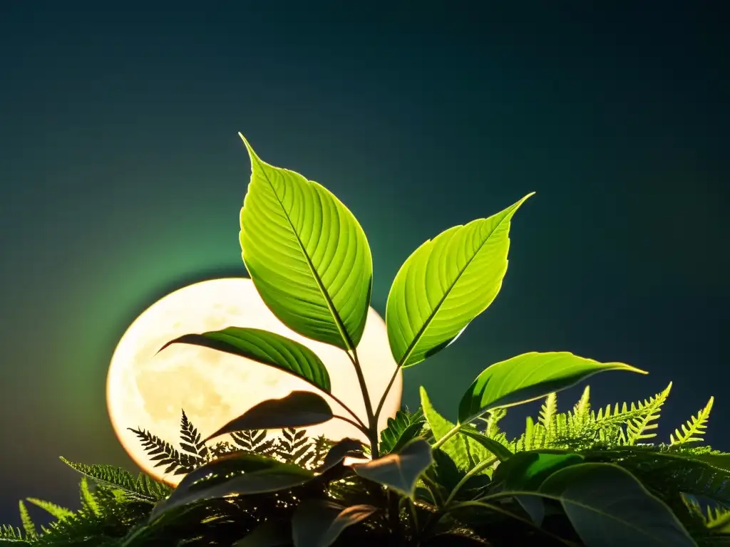 Planta verde iluminada por la luna, resalta venas y sombras