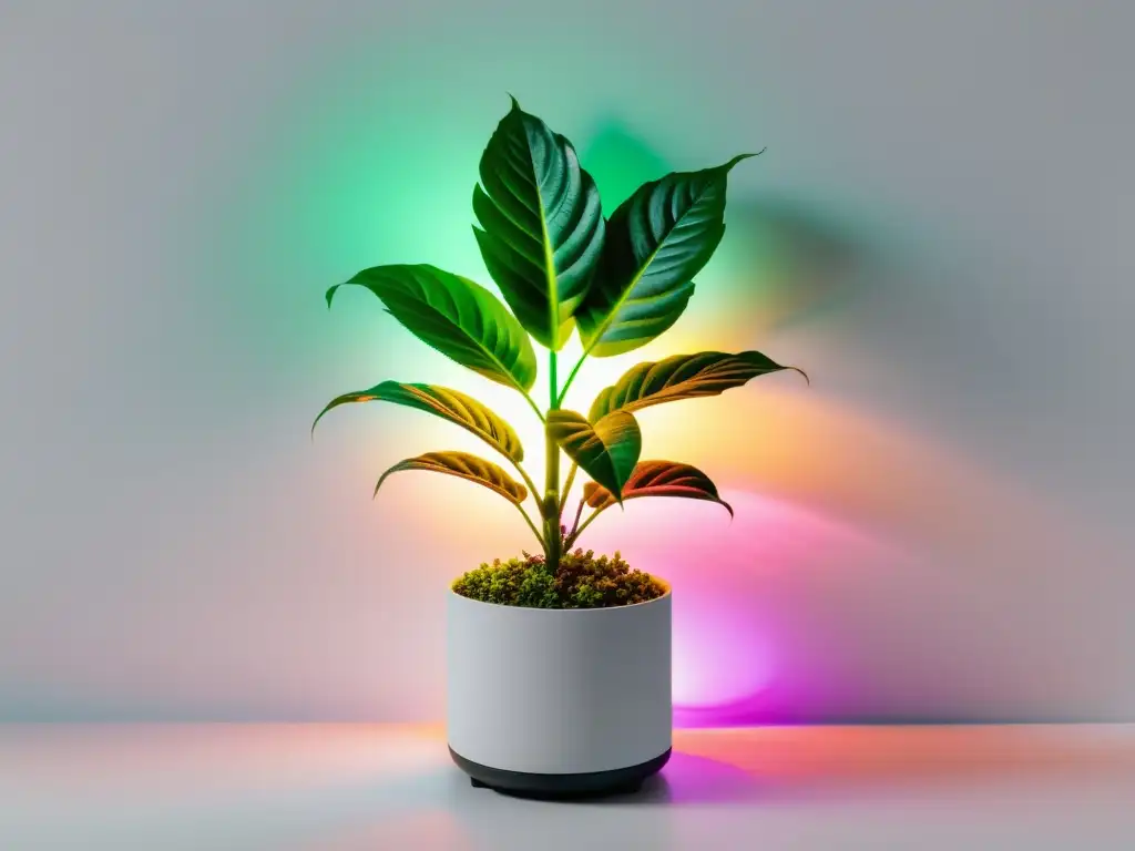 Planta verde iluminada por terapia de colores LED, creando una estética calmante y minimalista