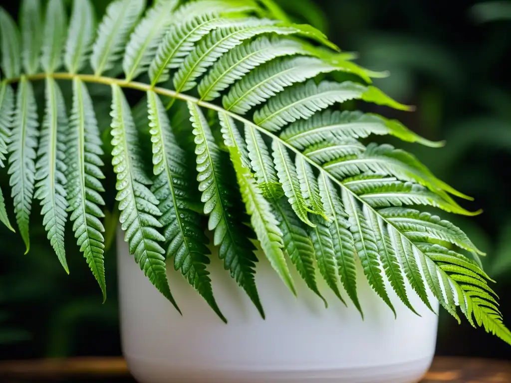 Planta de helecho verde en maceta blanca, con hojas delicadas y brillantes gotas de agua, perfecta para cuidado de plantas de interior en clima frío