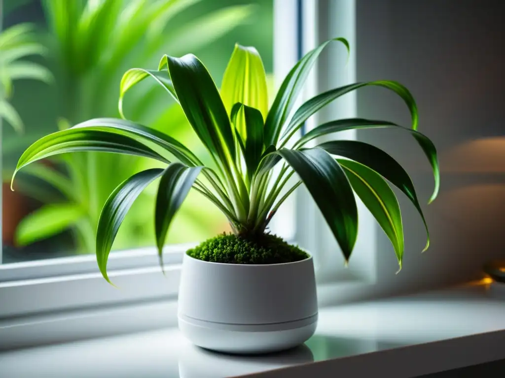 Planta araña verde vibrante en elegante maceta blanca sobre alféizar moderno