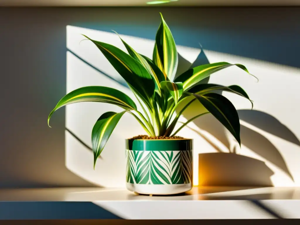 Planta araña verde vibrante en estante blanco moderno, iluminada por luz solar a distancia óptima para plantas de interior