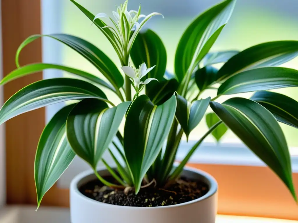 Planta de araña verde vibrante en maceta blanca, iluminada por luz natural