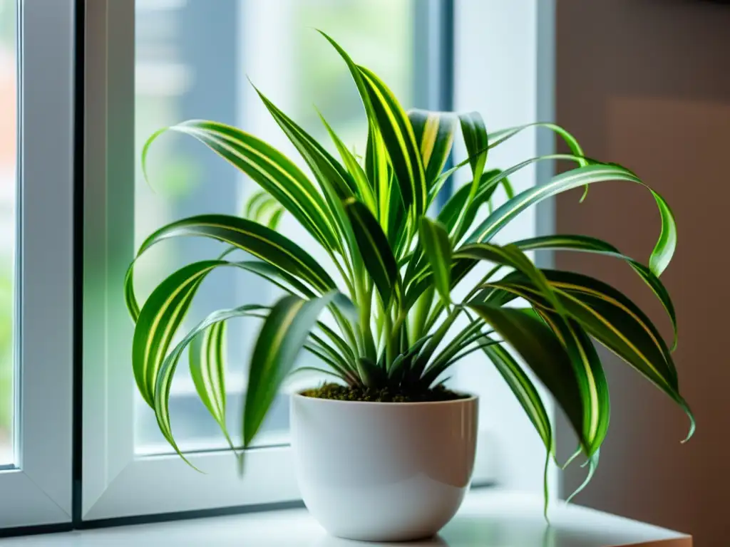 Una planta araña verde vibrante se adapta a la vida urbana en un elegante interior, mostrando su belleza resiliente