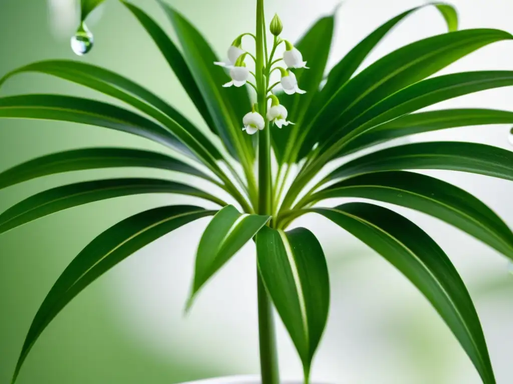 Una planta araña vibrante y saludable con flores blancas, destacando sobre fondo blanco