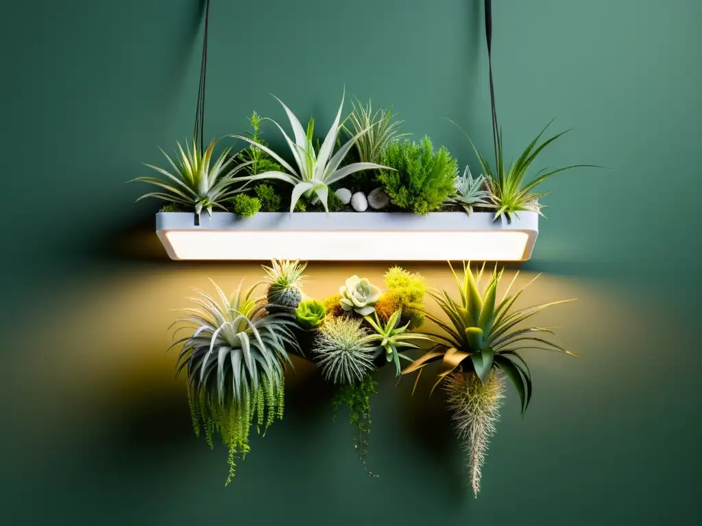 Iluminación para plantas aéreas indoor: Panel LED blanco suspendido sobre vibrantes plantas aéreas, creando un espacio sereno y sofisticado