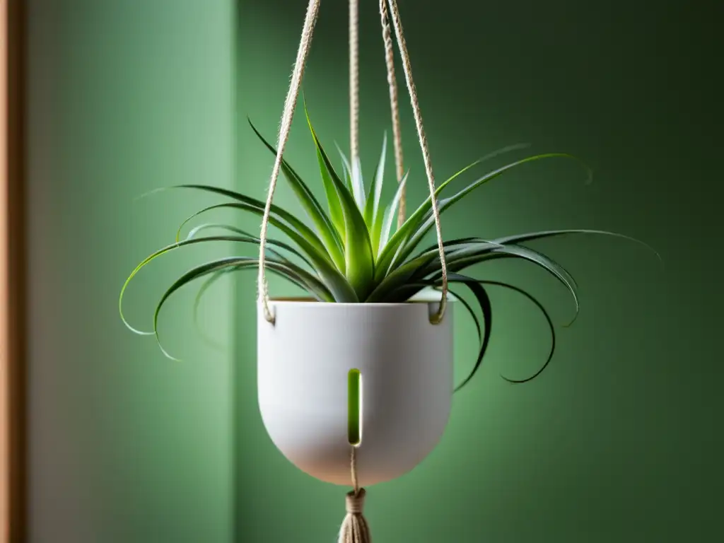 Plantas aéreas para decoración interior: un colgante minimalista blanco con una planta verde y luminosa, iluminada por la suave luz natural