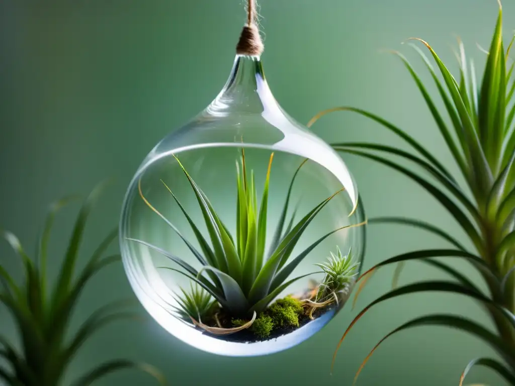 Plantas de aire para decoración interior: Delicada Tillandsia flotando en terrario de cristal, exudando elegancia y ligereza moderna