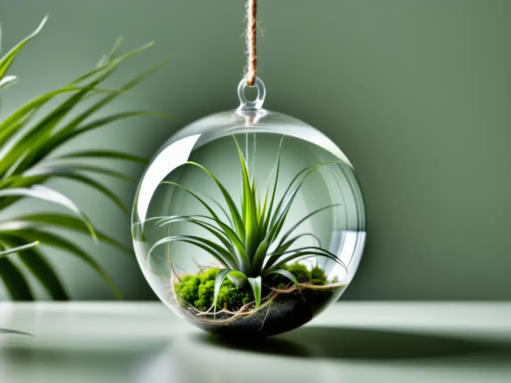 Plantas de aire para decoración interior: imagen de tillandsia suspendida en globo de cristal, con delicadas hojas plateadas y fondo blanco