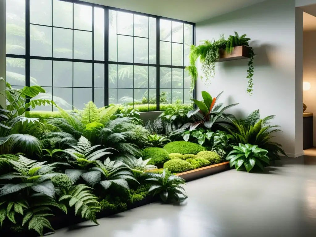 Jardín interior con plantas en un ambiente sereno y armonioso, inspirado en bosques nórdicos