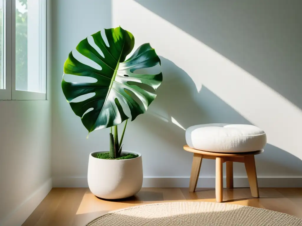 Un rincón de meditación con plantas: ambiente sereno con una exuberante monstera verde en maceta blanca, luz natural y un taburete de madera