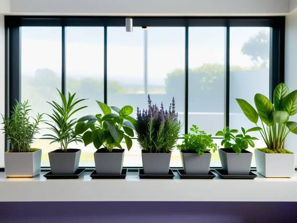 'Cultivar plantas aromáticas en interiores: jardín de hierbas moderno con plantas aromáticas en macetas geométricas, iluminado por luz natural