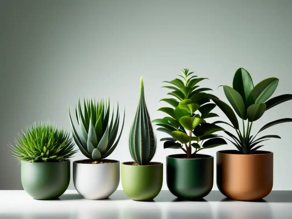 Guía para integrar plantas de interior: arreglo cuidadoso de plantas en macetas minimalistas, creando una composición tranquila y natural