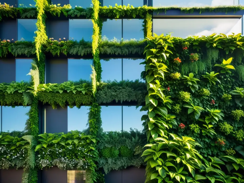 Plantas como barreras acústicas: una muralla verde exuberante cubre el costado de un edificio moderno, con hojas y flores vibrantes que crean una impresionante barrera visual contra el telón de fondo urbano