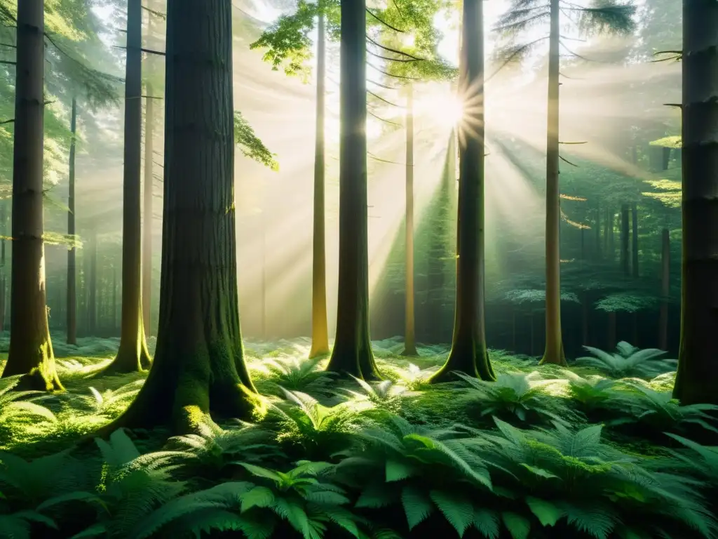 Plantas como barreras acústicas: Bosque sereno con árboles altos y frondosos, filtrando la luz y creando un ambiente de paz y tranquilidad