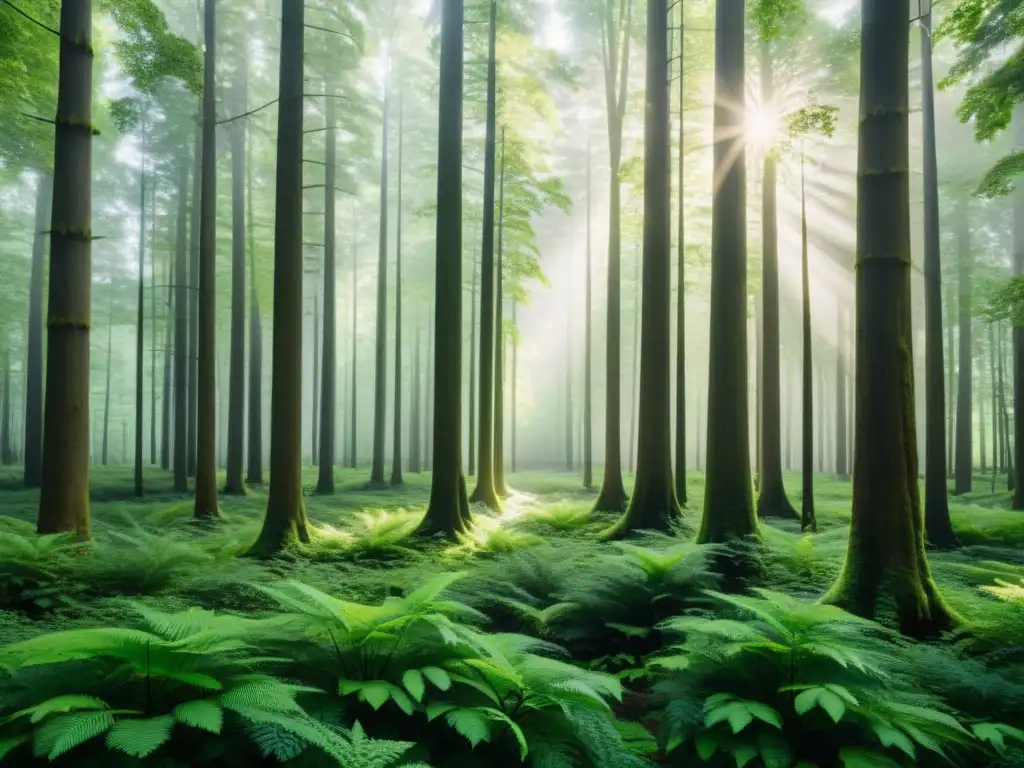 Plantas como barreras acústicas: Bosque verde exuberante con árboles altos y delgados en simetría, creando una atmósfera calmada y serena