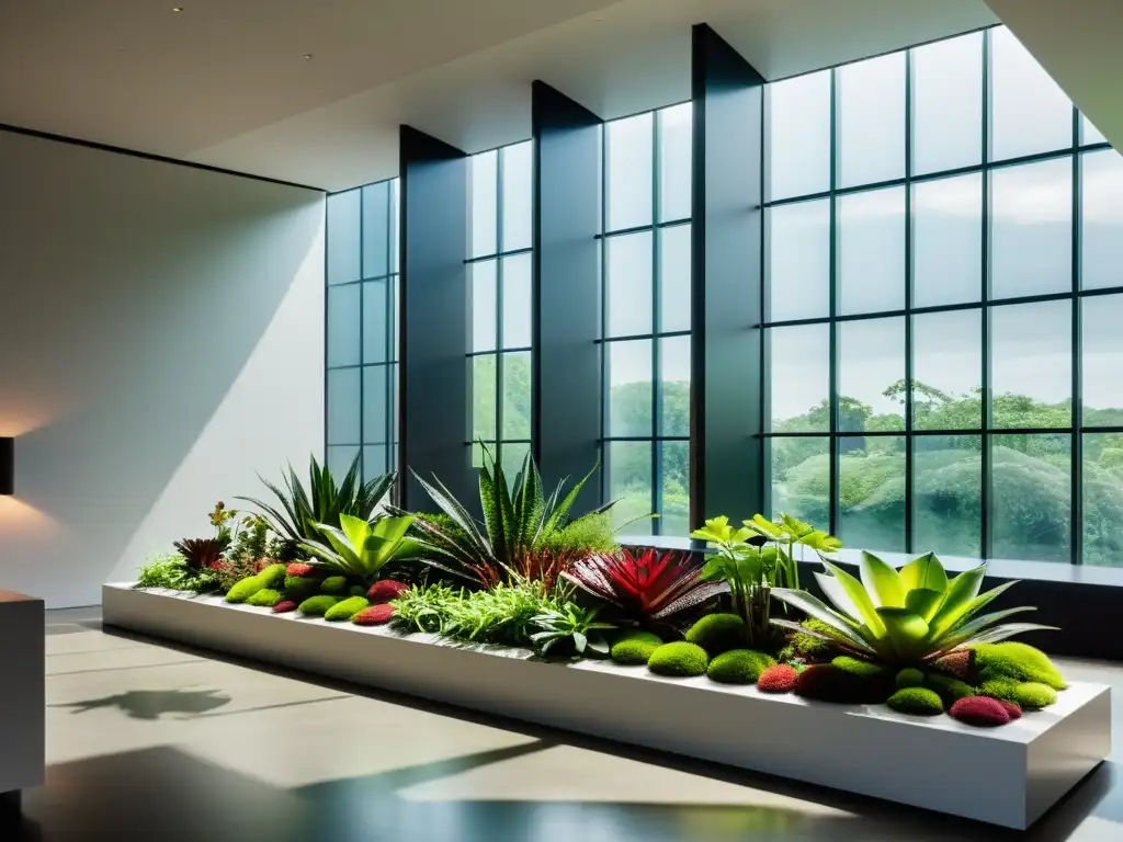 Plantas carnívoras para interiores en un espacio moderno con ventana de piso a techo y plantas vibrantes en elegantes macetas geométricas