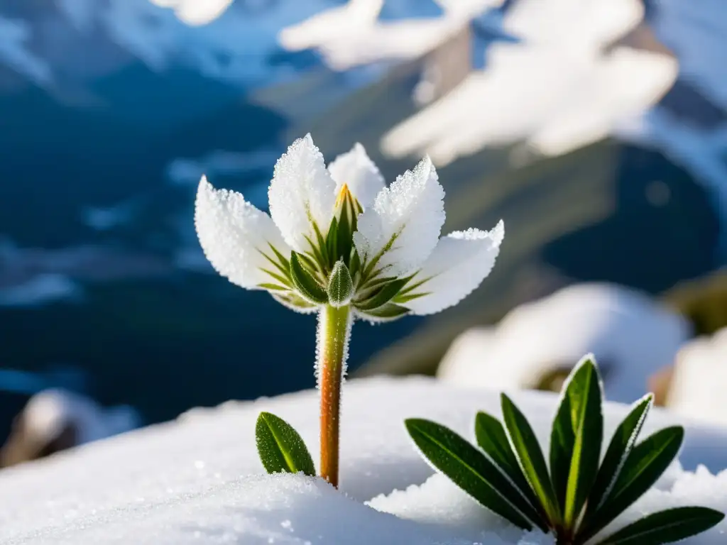 Fotografía de plantas en climas extremos: Una delicada flor alpina cubierta de nieve y cristales de hielo, destacando su belleza y resistencia