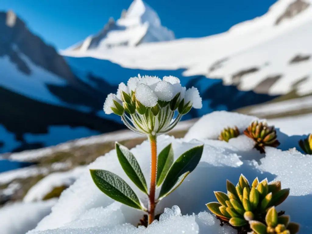 Fotografía de plantas en climas extremos: delicada flor alpina cubierta de cristales de hielo, con montaña nevada y cielo azul de fondo