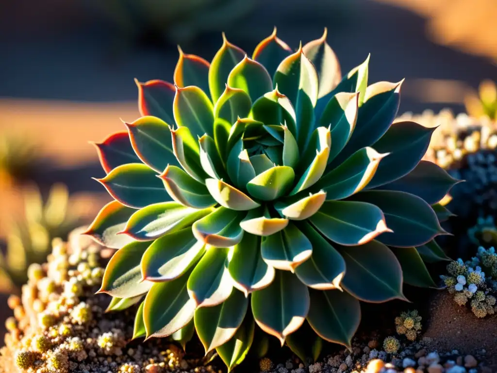 Fotografía de plantas en climas extremos: Detalle de una suculenta en un desierto, resaltando su belleza y resistencia