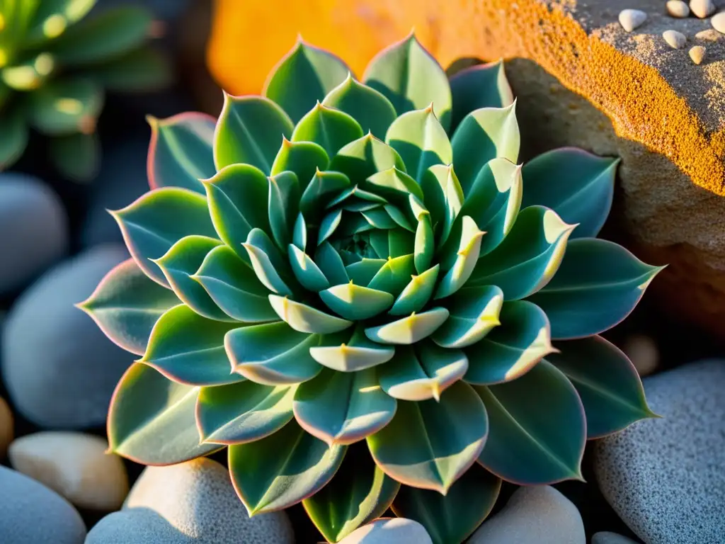 Una fotografía de plantas en climas extremos: suculenta verde en lecho de piedras suaves destaca en su entorno árido