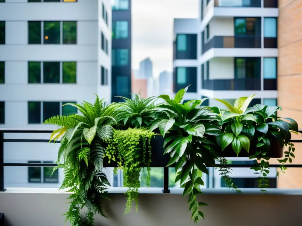 Plantas colgantes para espacios limitados: Un balcón rebosante de naturaleza urbana y tranquilidad, con exuberantes plantas en macetas modernas