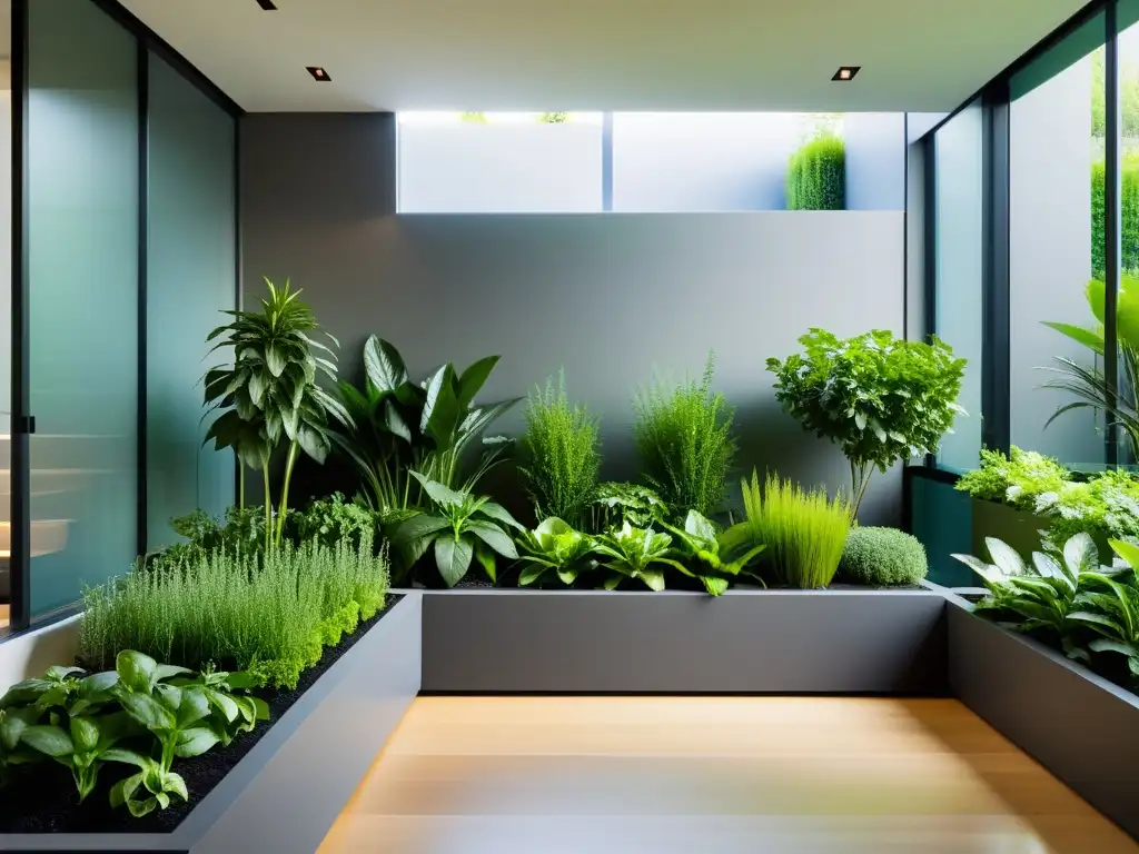 Jardín interior con plantas comestibles en elegantes maceteros, bañado por luz natural, creando un ambiente sereno y sofisticado