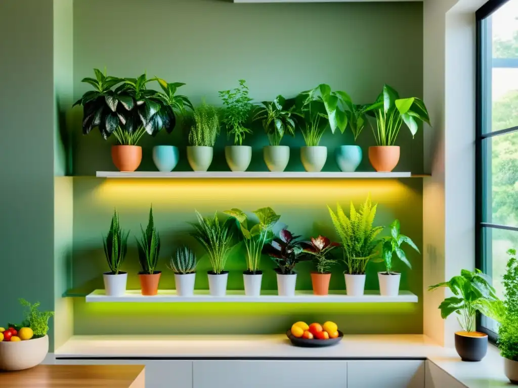 Jardín interior de plantas comestibles en estantería minimalista, bañado por suave luz natural