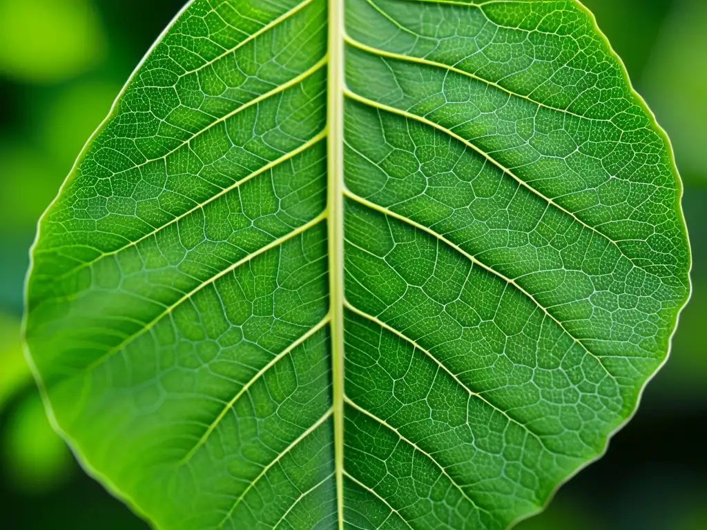 Fotografía botánica de plantas de interior: Detalle increíble de las venas en una hoja verde iluminada, mostrando su belleza natural