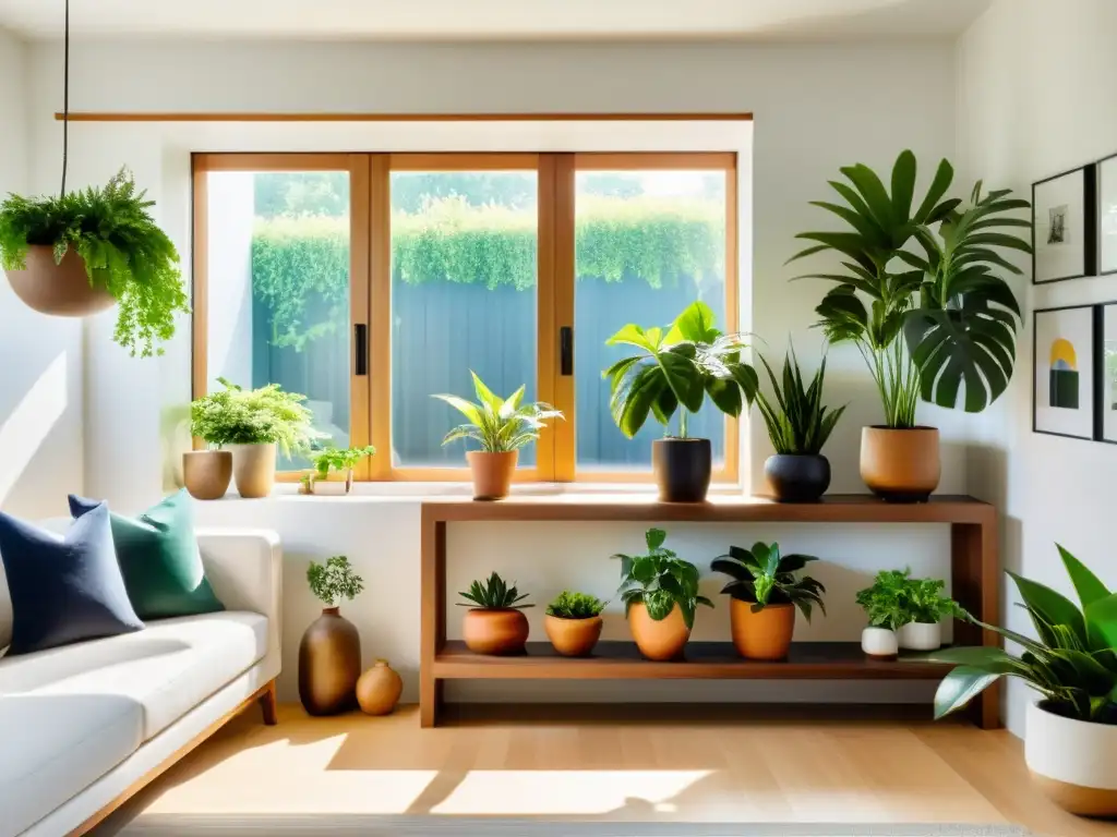 Integrar plantas diseño interior: Sala moderna con estantería de madera y colección de plantas, iluminada por la luz del sol