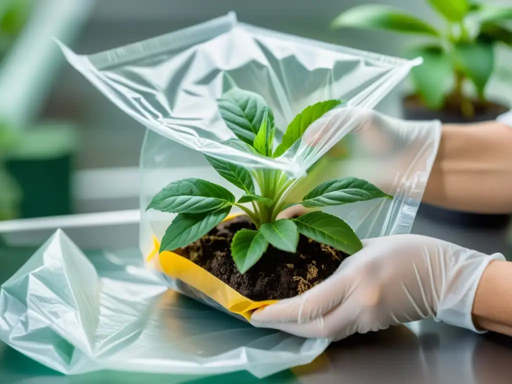 Aislar plantas enfermas correctamente: Manos cuidadosas envuelven una bolsa alrededor de una planta enferma, previniendo la propagación de enfermedades