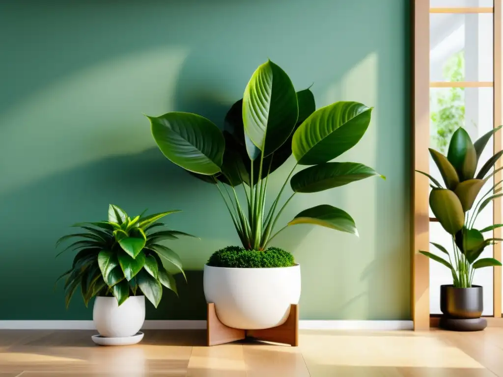 Distribución plantas Feng Shui en un espacio interior armonioso y sereno, con decoración minimalista y mucha luz natural