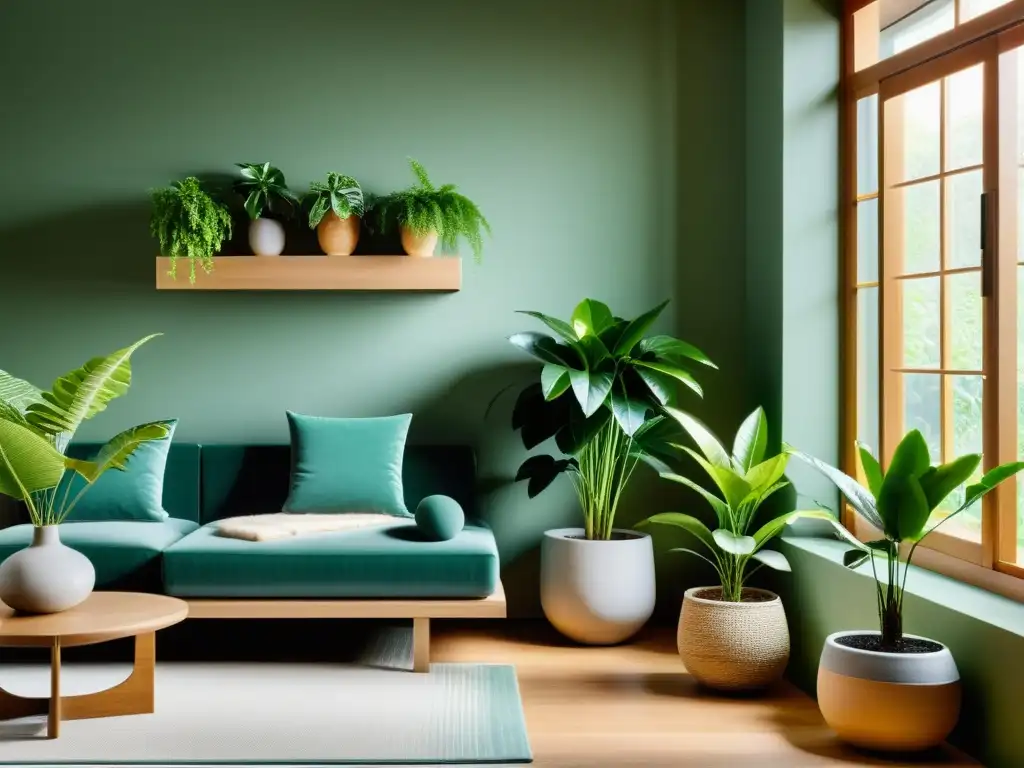 Distribución de plantas Feng Shui en un espacio sereno y minimalista, promoviendo armonía y flujo de energía positiva