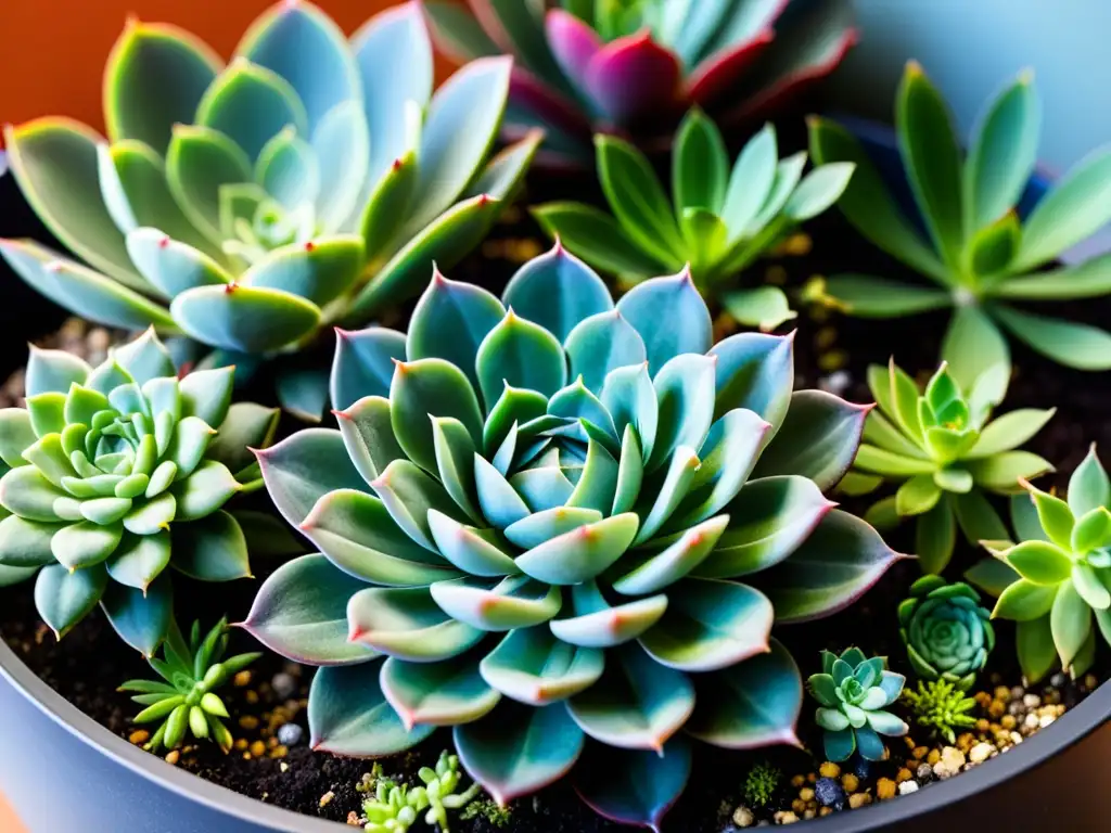 Fotografía de plantas en espacios pequeños: Detalle vibrante de un jardín de suculentas en terrario moderno, resaltando patrones y texturas