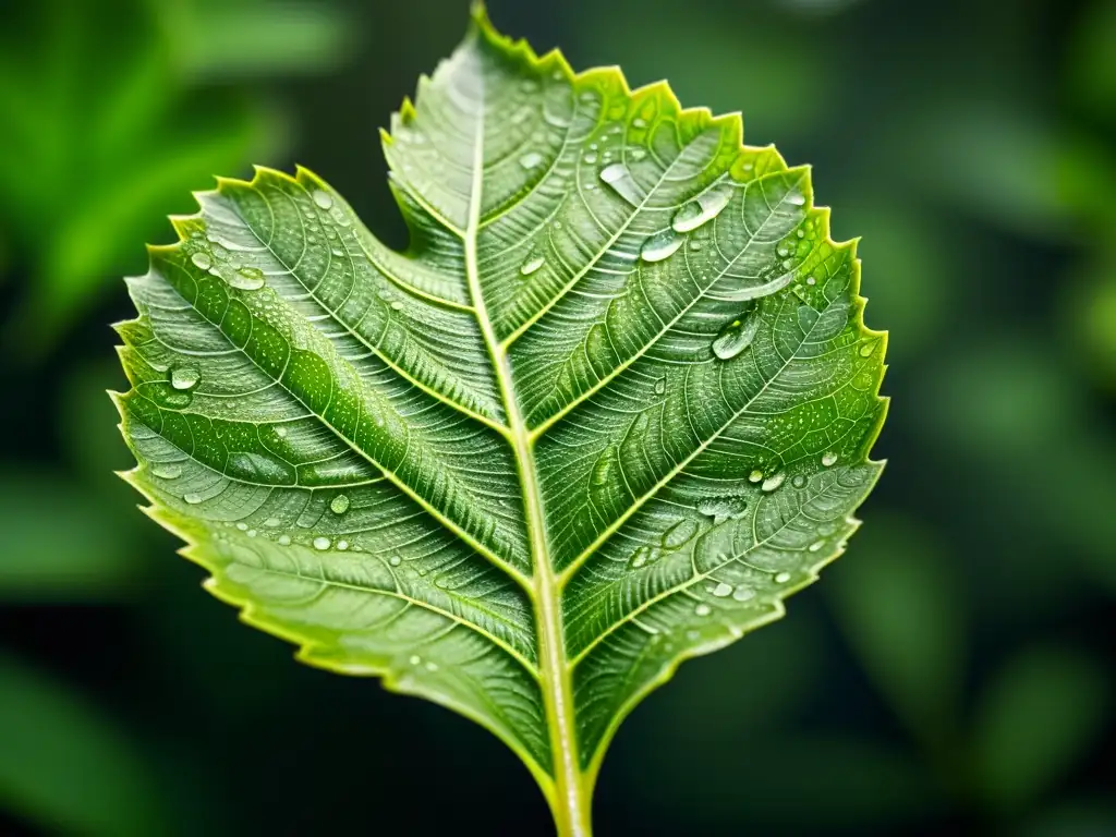 'Fotografía de plantas en espacios pequeños: Detalle de hoja verde con texturas y gotas de agua'