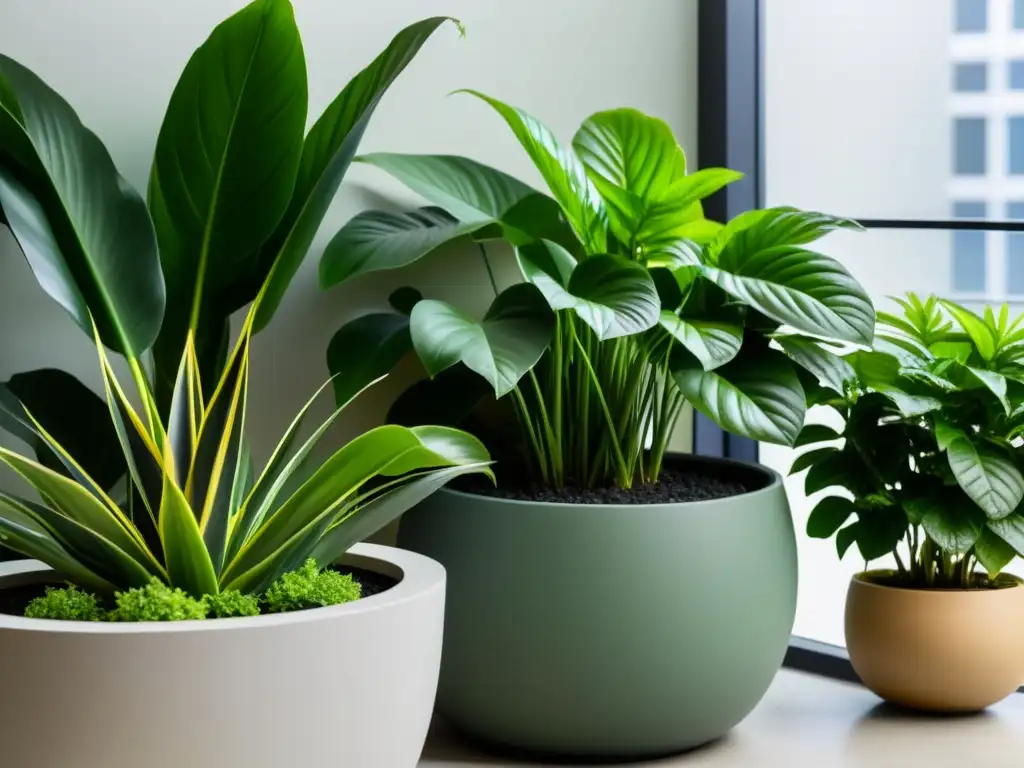 Fotografía de plantas en espacios pequeños: Jardín interior con plantas exuberantes en macetas modernas, creando una atmósfera serena y minimalista