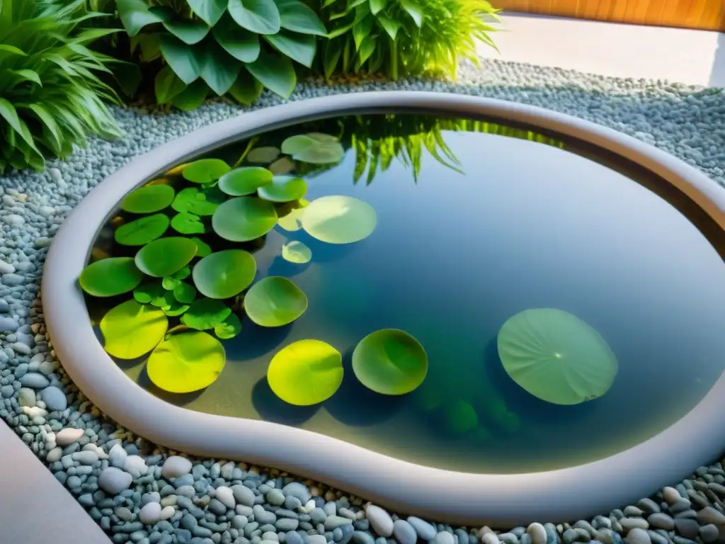 Jardín acuático interior con plantas flotantes en agua clara y tranquila, creando una atmósfera serena y relajante