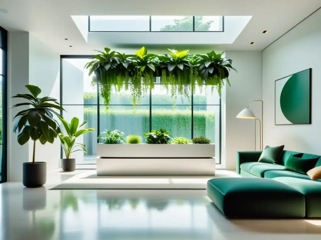 Decoración con plantas inteligente: Sala de estar moderna con plantas verdes exuberantes en un elegante jardín interior, iluminada por luz natural