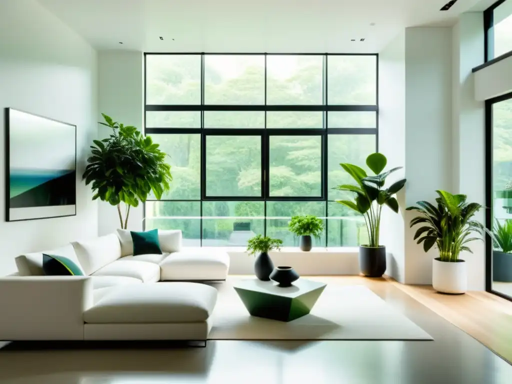 Decoración con plantas inteligente en un salón minimalista blanco con muebles modernos y plantas vibrantes en macetas geométricas