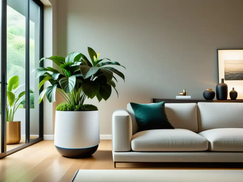 Decoración con plantas inteligente en un salón minimalista bañado por suave luz natural, resaltando su estética moderna