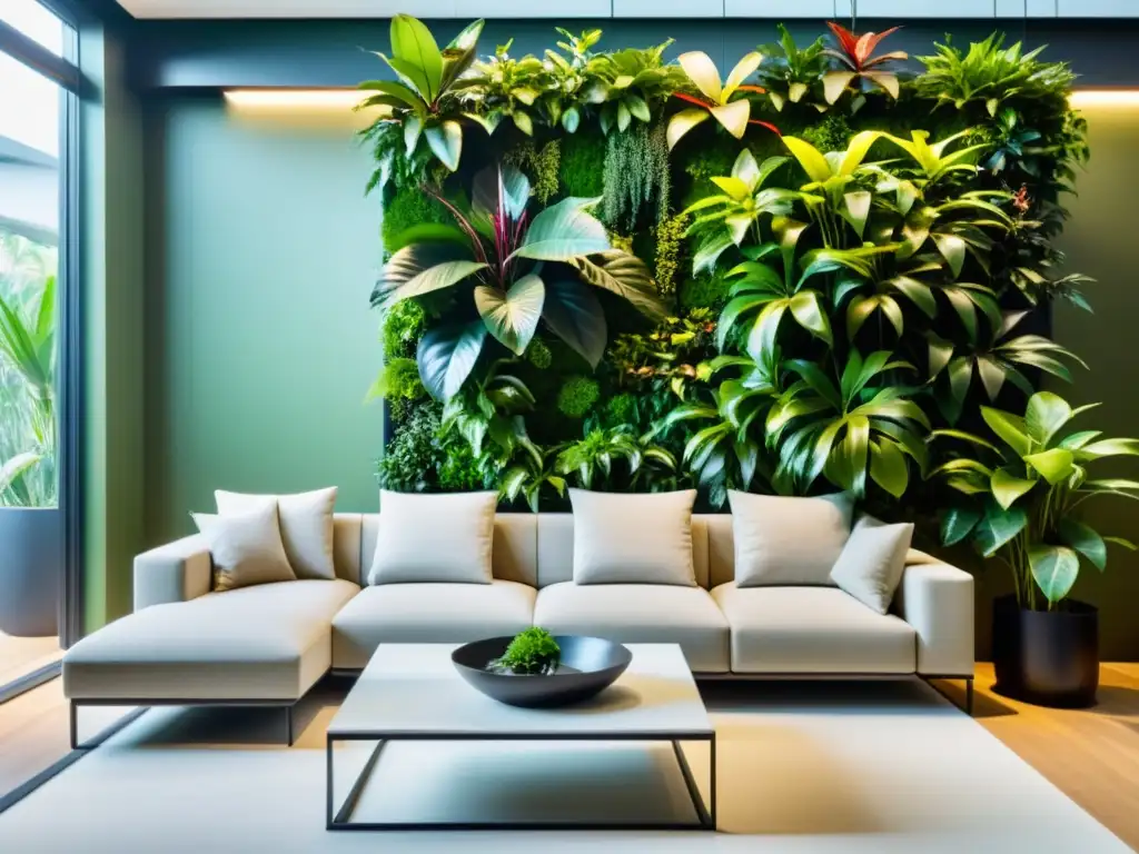 Decoración con plantas inteligente en un salón moderno con pared verde vibrante y plantas tropicales, integrando tecnología y naturaleza