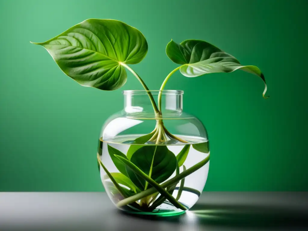 Propagación de plantas de interior en agua: Jarra elegante con pothos verde enraizado en agua clara, creando una composición serena y minimalista