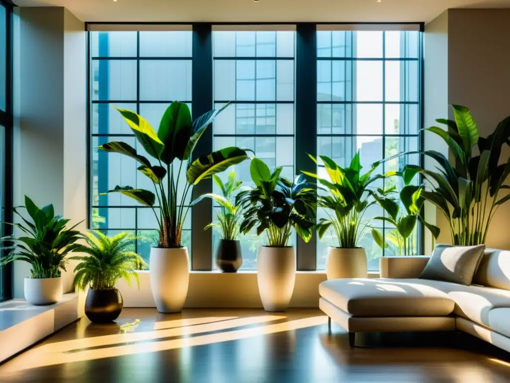 Plantas de interior para purificar aire: Sala moderna con plantas exuberantes y luz natural, creando un ambiente sereno y elegante