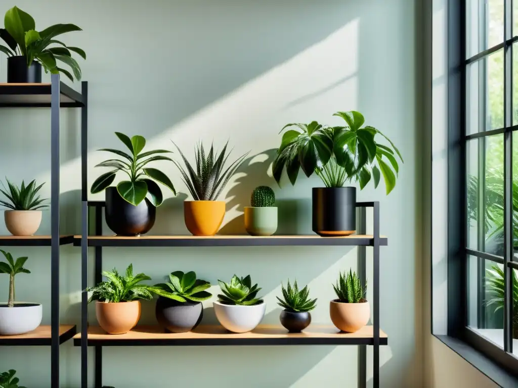 Combinando plantas de interior alturas en estantes modernos, creando un jardín sereno y sofisticado