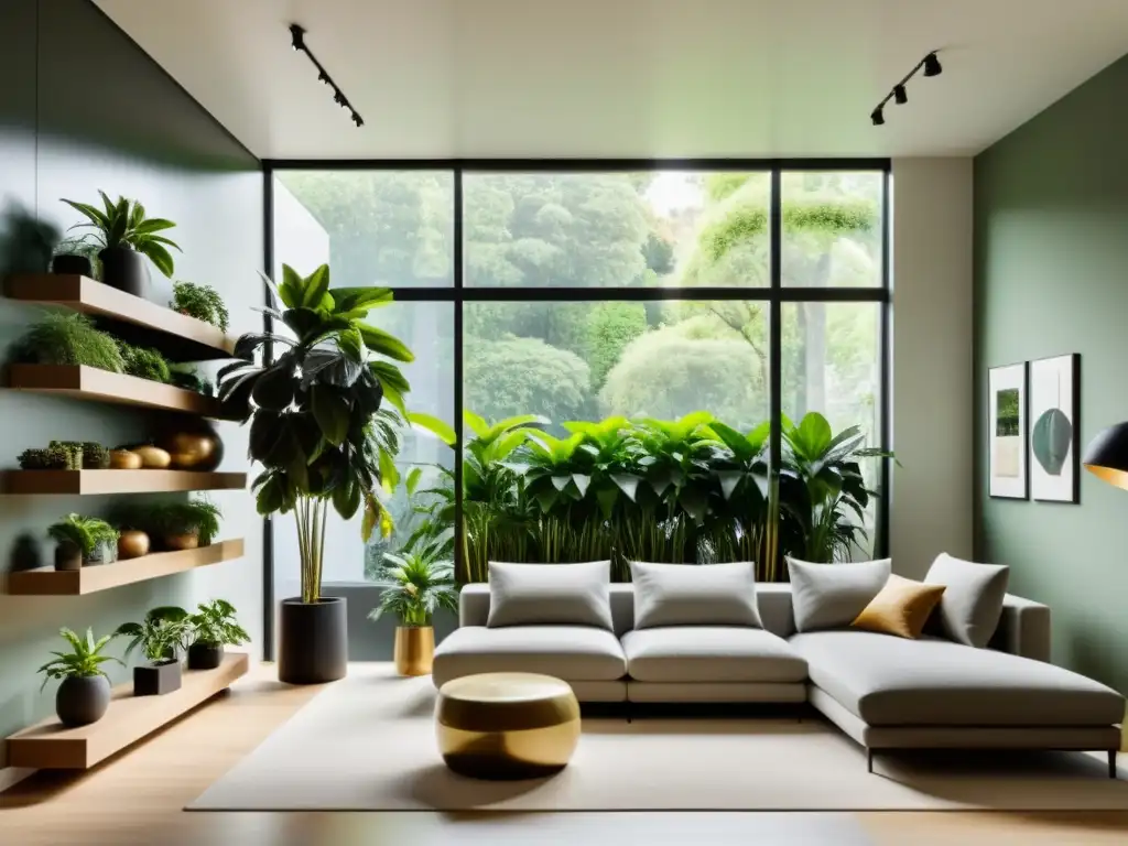 Combinando plantas de interior alturas en salón minimalista con ventana panorámica