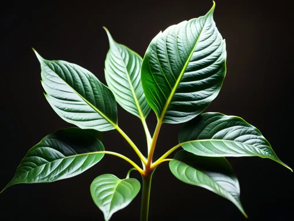 Fotografiando plantas de interior en baja luz: Detalle de exuberante planta de interior iluminada suavemente, creando un ambiente sereno y hermoso